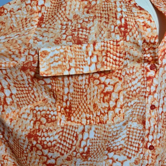 Calvin Klein 1X Bright Orange White Snake Skin Print Button Up Semi Sheer Blouse - Picture 4 of 10